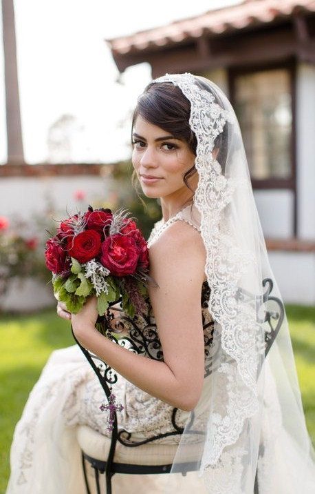Lace veil Mantilla with Classic Spanish look with Beaded lace edge in fingertip length for Spanish wedding or Catholic ceremony -   14 catholic wedding Veils ideas