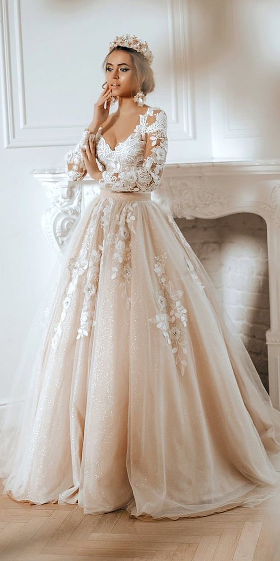 disney wedding dresses ball gown with long sleeves lace floral beige for belle auroracouture -   14 wedding Ceremony dress ideas