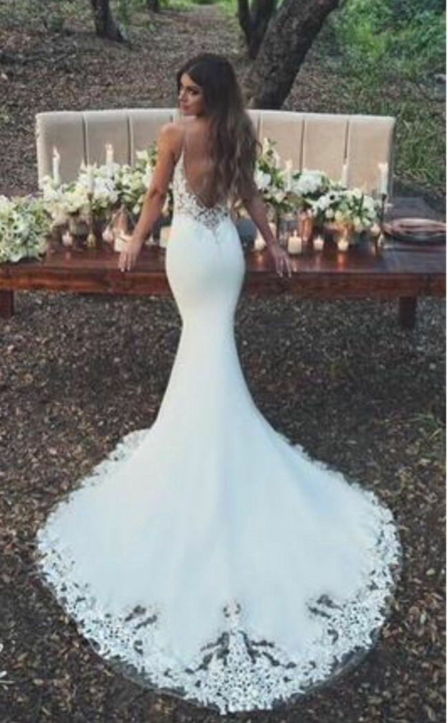 Details about Spaghetti Straps Sheath Lace Wedding Dress 2018 Low Back Long Train Bridal Gown -   14 wedding Ceremony dress ideas