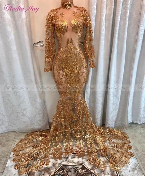 Sparkly Gold Sequins Mermaid Long Sleeves Prom Dresses Black Girls Sheer High Neck Court Train African Formal Evening Dress 2019 -   15 sparkly dress Long ideas