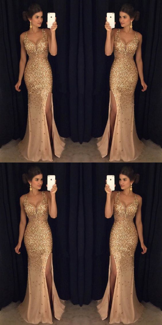 Long Prom Dresses with Slit, Sheath Graduation Party Dress V-neck, Sparkly Gold Formal Dresses Tulle -   15 sparkly dress Long ideas