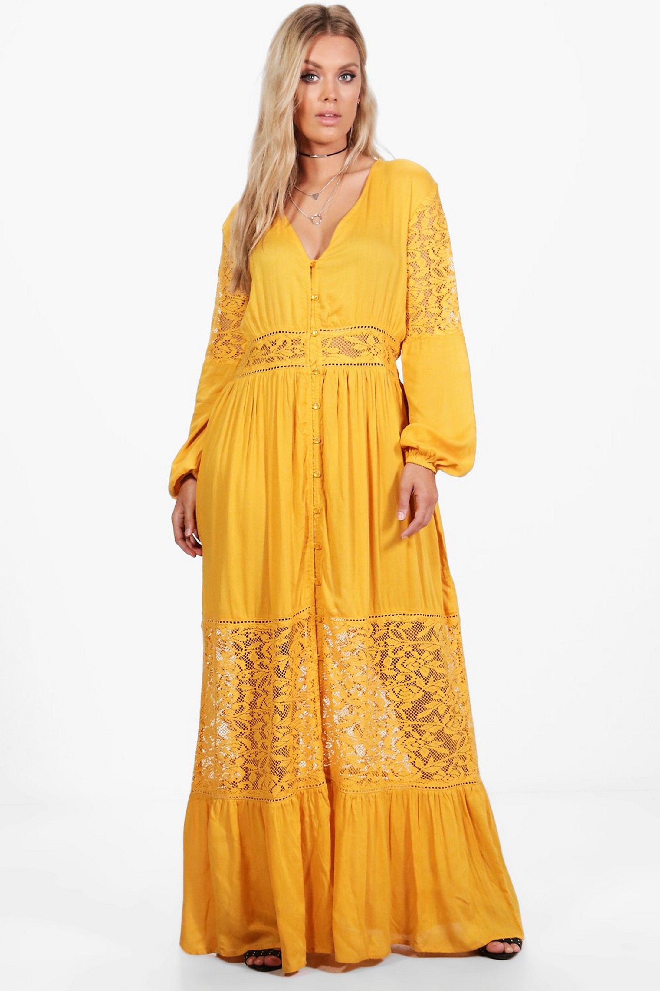 Plus Boho Lace Insert Maxi Dress | Boohoo -   16 dress Yellow boho ideas