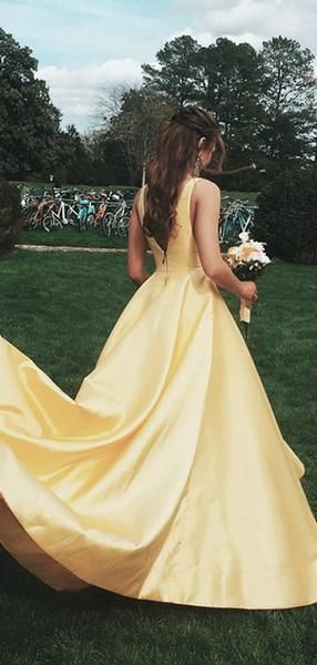 Yellow Satin V-neck V-back Sleeveless Elegant Prom Dresses,PD00331 -   16 dress Yellow boho ideas
