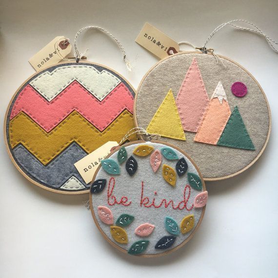 Embroidery Hoop Art, Wall Art, Nursery Room Decor, kids room, Mountains, pink, orange, teal, yellow, pink sun -   16 fabric crafts Nursery embroidery hoops ideas