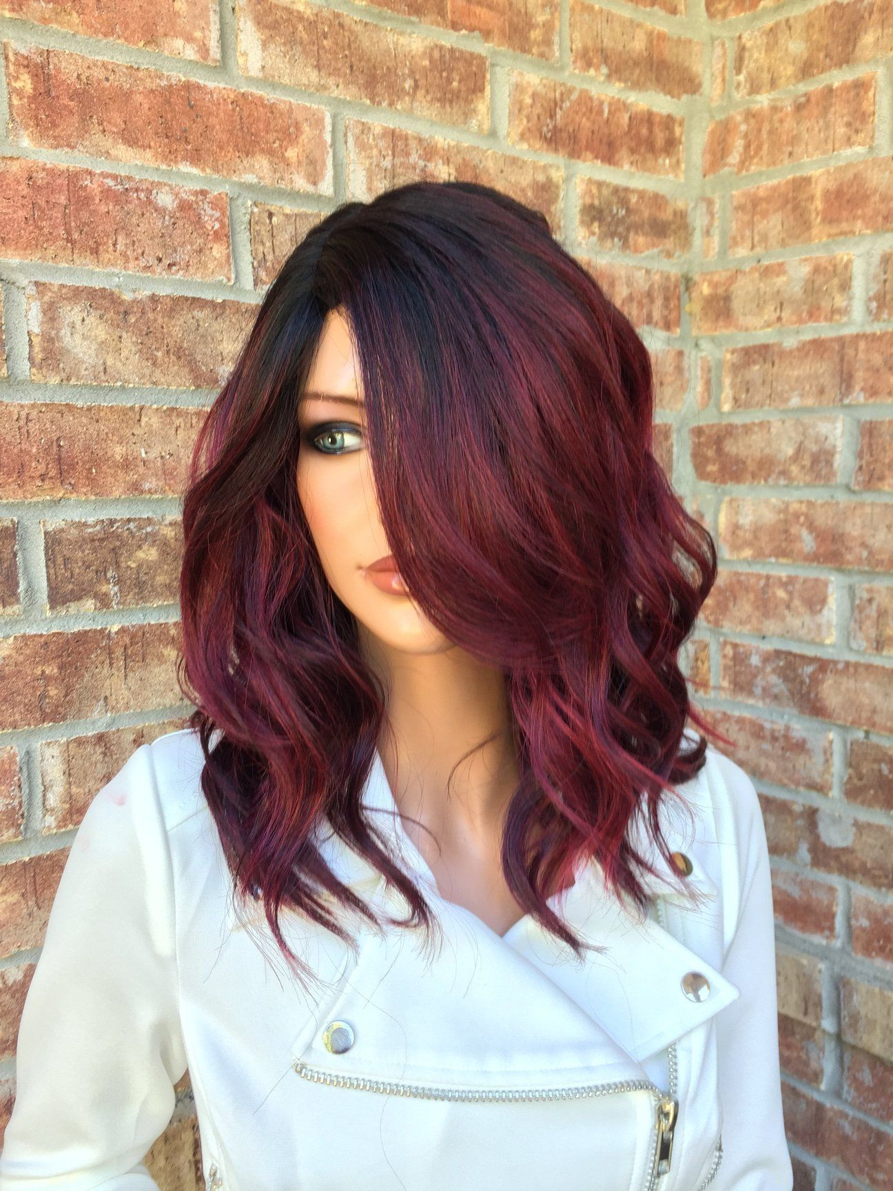 Cherry Red Balayage Human Hair Blend full wig 10