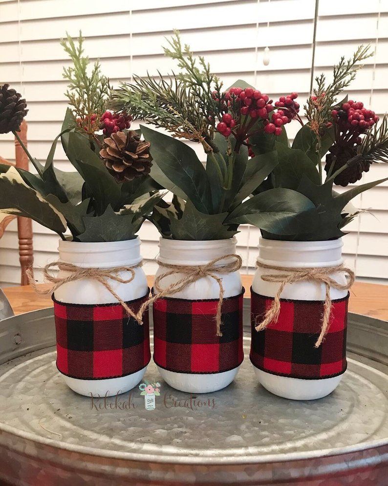 Buffalo Plaid Mason Jars, Farmhouse Mason Jars, Buffalo Plaid Christmas Decor, Farmhouse Decor, Chri -   17 holiday Christmas ideas