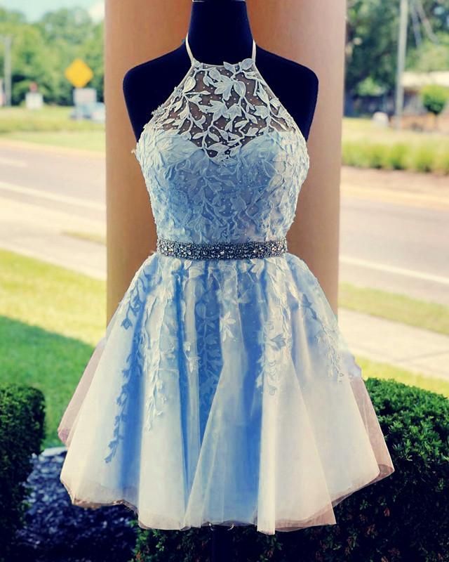 Lace Embroidery Halter Tulle Homecoming Dresses Cross Back -   18 beautiful dress Short ideas