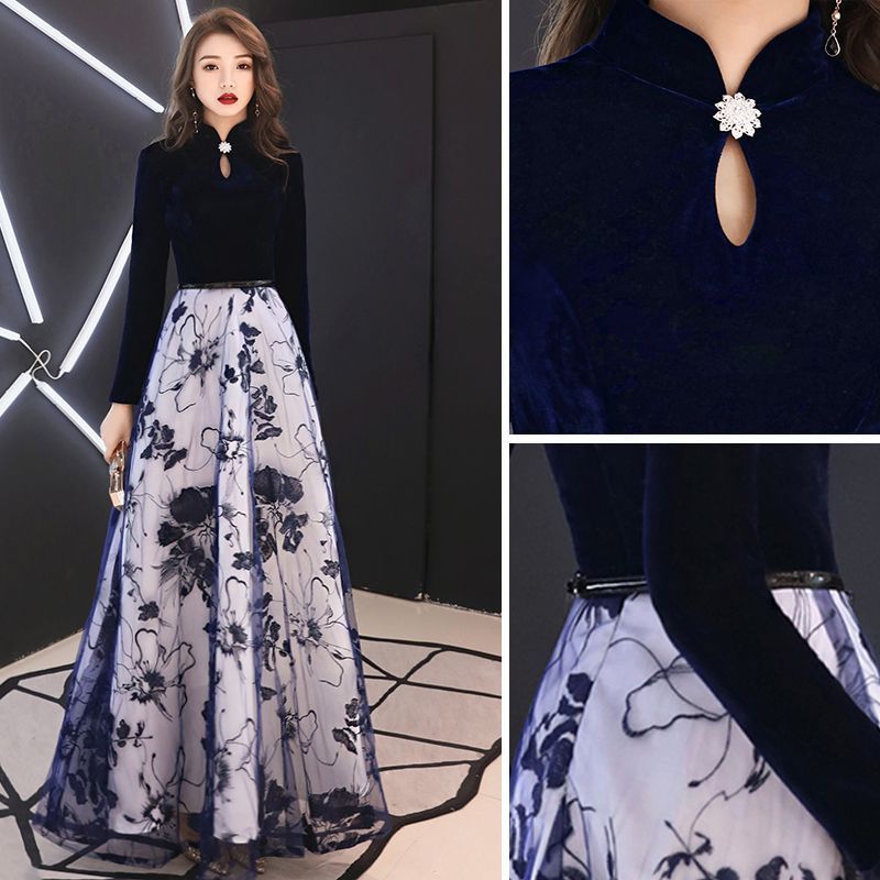 Elegant Navy Blue Evening Dresses 2019 A-Line / Princess High Neck Suede Rhinestone Long Sleeve Floor-Length / Long Formal Dresses -   7 korean dress Elegant ideas