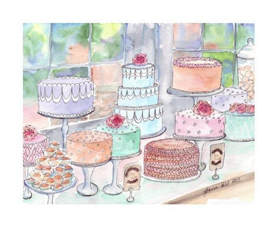 Cake Watercolor Painting no. 1 - Colorful Food Art Illustration Still Life Watercolor Painting - 5x7 Print -   8 cake Illustration watercolour ideas
