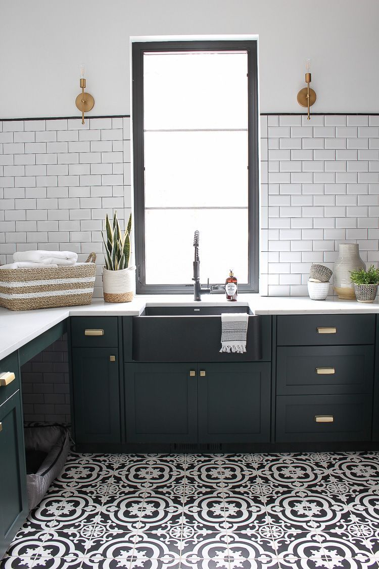 The Laundry/Dog Room: Dark Green Cabinets Layered On Classic Black + White Design -   9 room decor Wood subway tiles ideas