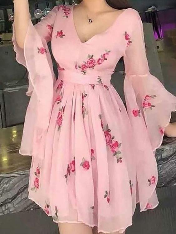 Boho Prom Dress, Floral Print Flared Sleeve Pleated Chiffon Dress -   10 chiffon dress DIY ideas