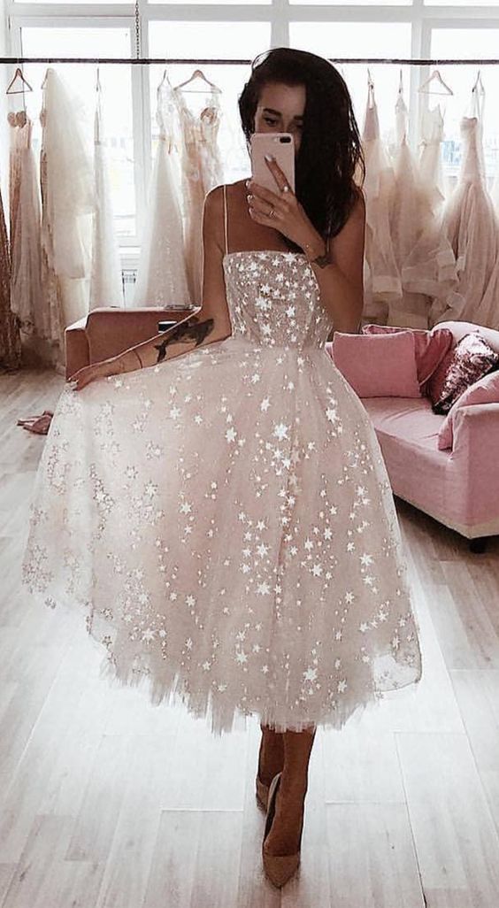 A Line Spaghetti Straps Tea Length Pearl Pink Prom Dress With Beading -   10 dress Prom ugly ideas