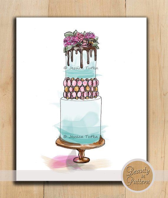 Macaron Wedding Cake Illustration, Print, 3 Tier, Chocolate Drip, Cake Drawing, Painterly, Watercolor, Dessert Art, Bakery, Kitchen, Flowers -   10 drip cake Illustration ideas