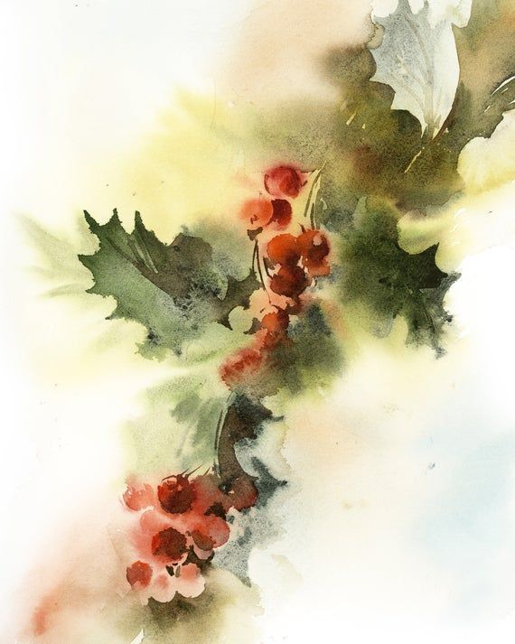 Holly tree branch art print, green red holly tree watercolor print, red berries and green leaves painting art, Christmas wall art print -   12 plants Painting trees ideas