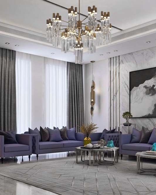 Luxury Grey and Purple modern living room decor with purple velvet sofas and purple armchairs -   12 room decor Modern deco ideas