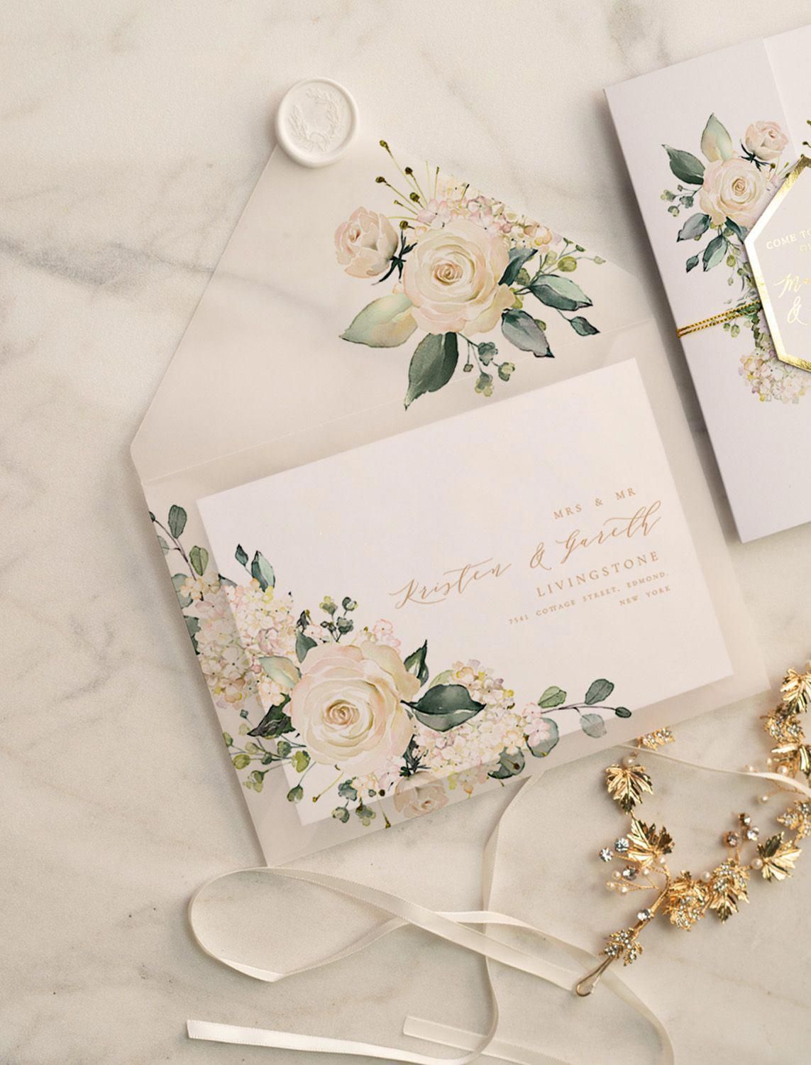 Gold Glamour Wedding Invitations Uk geometric Heart Vellum Glitter Envelope with Ivory Flowers Wax Seal 12/frameG/z -   12 wedding Card flower ideas