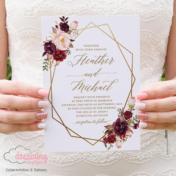 Boho Floral Geometric / Geometry Wedding Invitation Set - Marsala Burgundy and Pink Flowers with choice of color Geometry -   12 wedding Card flower ideas