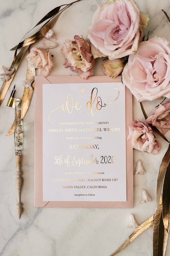 Gold Wedding invitations with Spring Blossom Flowers Vellum Envelope Stationery wieth Blush Pink Bow -   12 wedding Card flower ideas