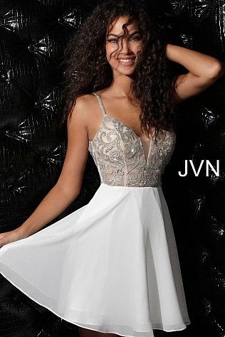 JVN53178 Ivory Embellished Sheer Bodice Chiffon Homecoming Dress -   13 dress Formal flowy ideas