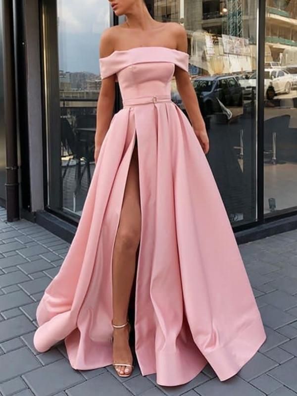 Pink Off Shoulder Satin Long Prom Dresses With High Slit, Pink Formal Dresses, Evening Dresses H2965 -   13 dress Formal flowy ideas