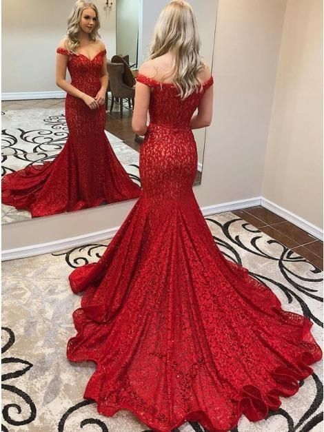 Mermaid Off-the-Shoulder Sweep Train Red Lace Prom Party Dress, prom dress,2709 -   14 dress Red lace ideas