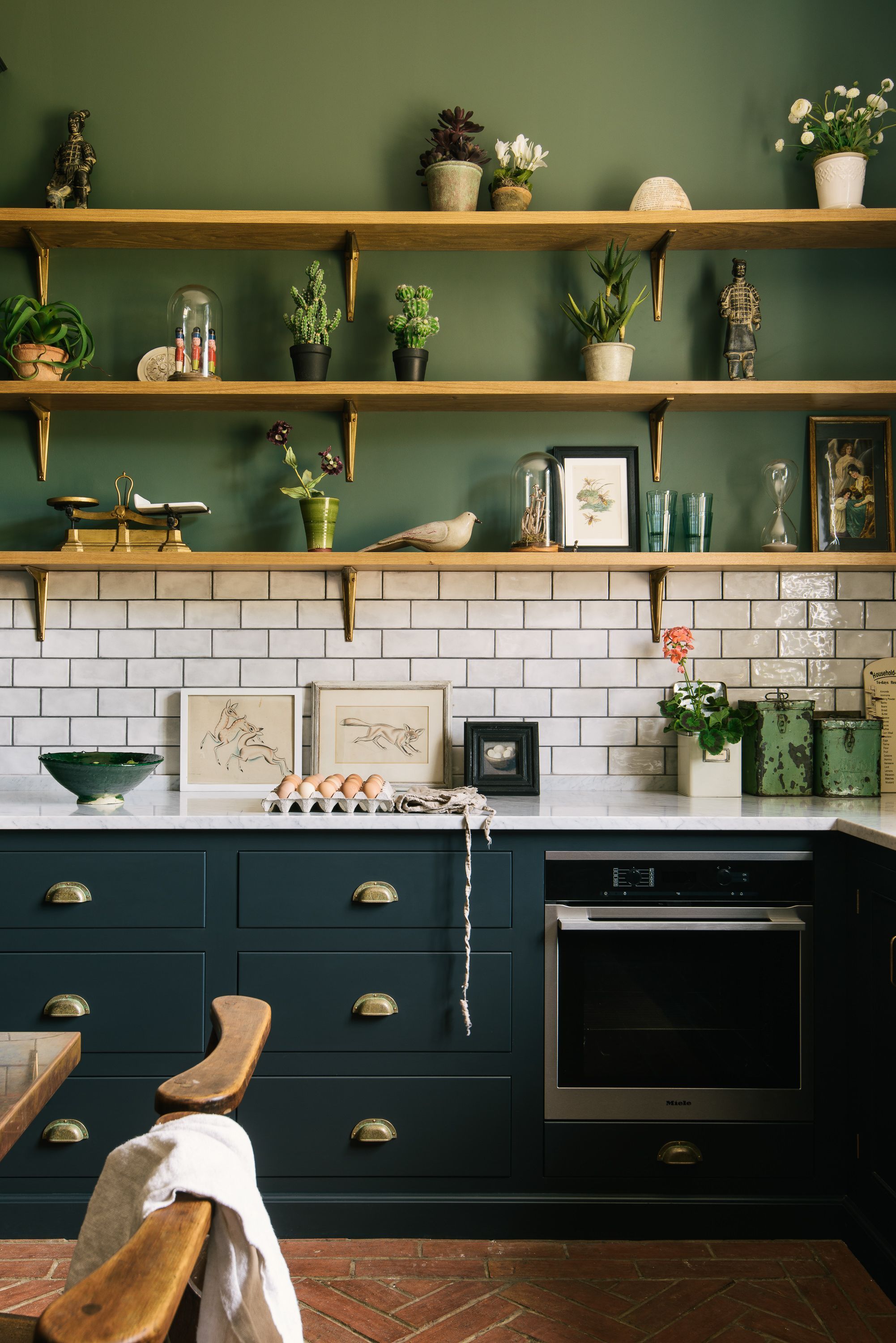 Open shelves, Pantry Blue cupboards and subway tiles -   14 plants House kitchen ideas