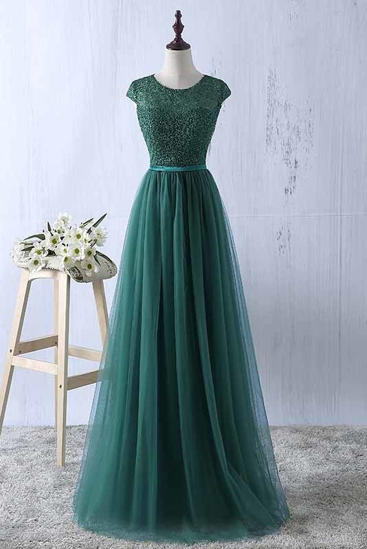 2019 Scoop Tulle & Lace With Sash A Line Sweep Train Prom Dresses -   15 dress Green and gold ideas