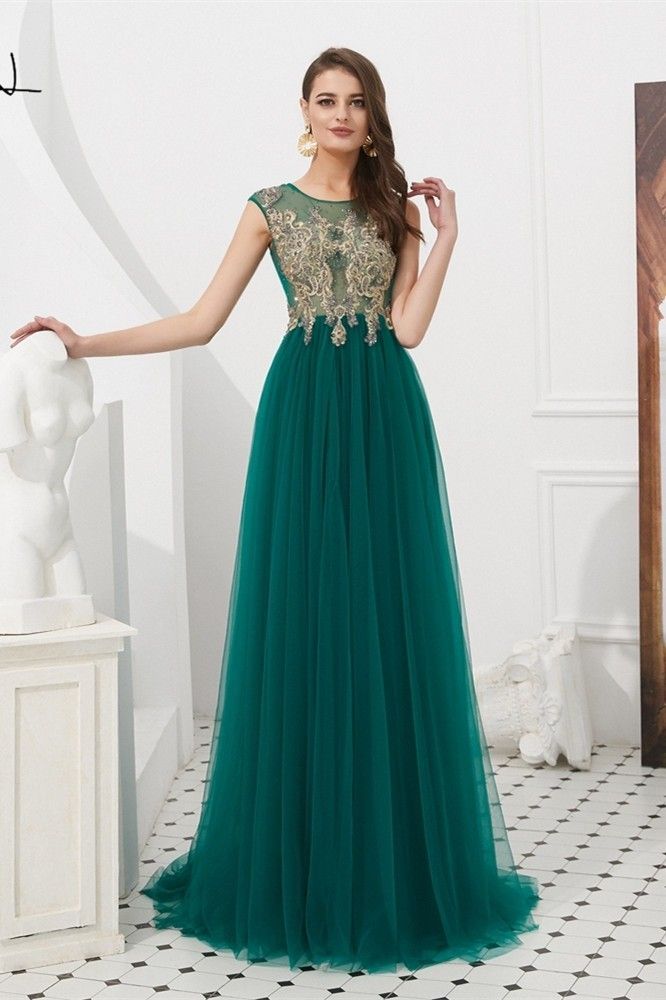 Elegant Scoop Cap Sleeve Beaded Gold Appliques Green Tulle See Through A Line Prom Evening Dress With Cape -   15 dress Green and gold ideas