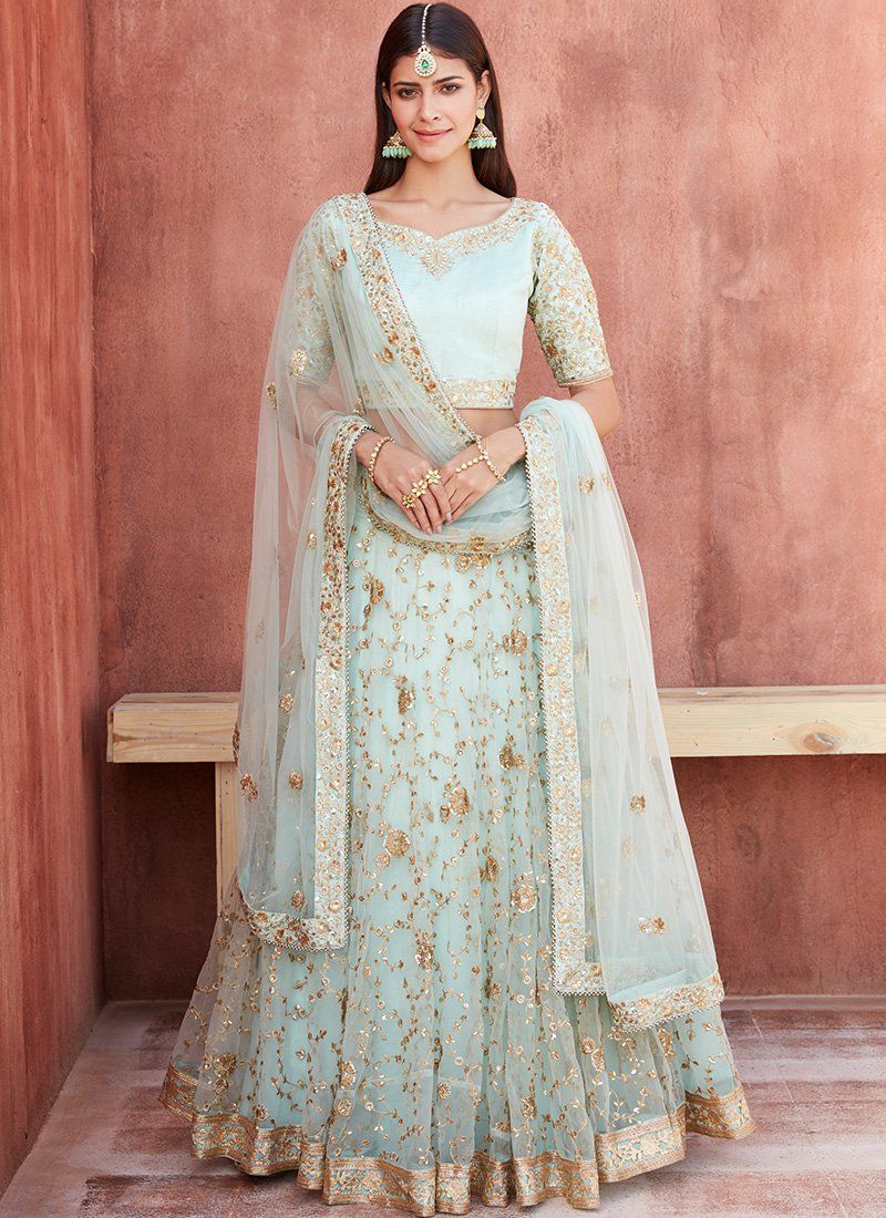 Mint Green and Gold Embroidered Net Lehenga -   15 dress Green and gold ideas