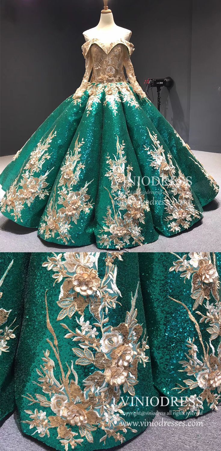 Tiffany Blue Vintage Princess Ball Gowns Sparkly Long Prom Dresses FD1109 -   15 dress Green and gold ideas