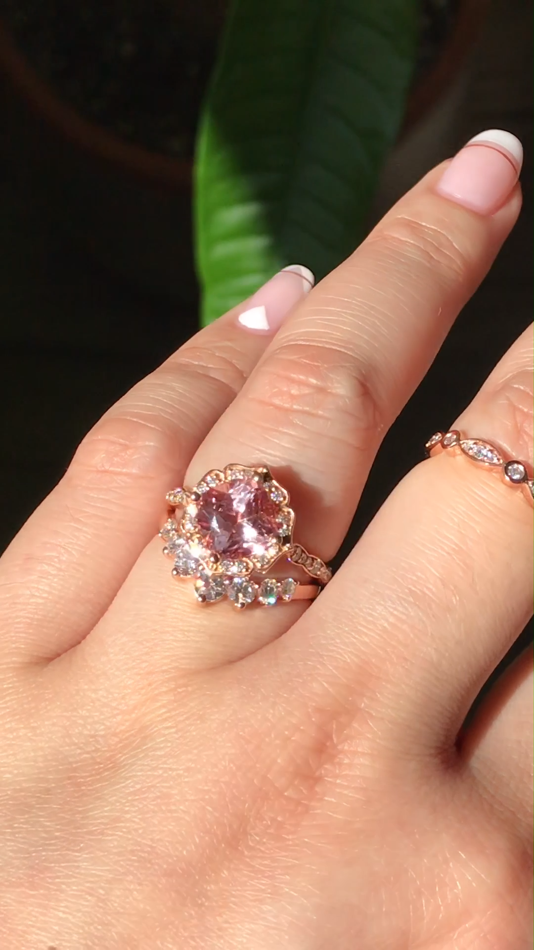 Peach Sapphire Vintage Floral Ring + 7 Stone Diamond Band Bridal Set by La More Design -   15 wedding Inspiration rings ideas