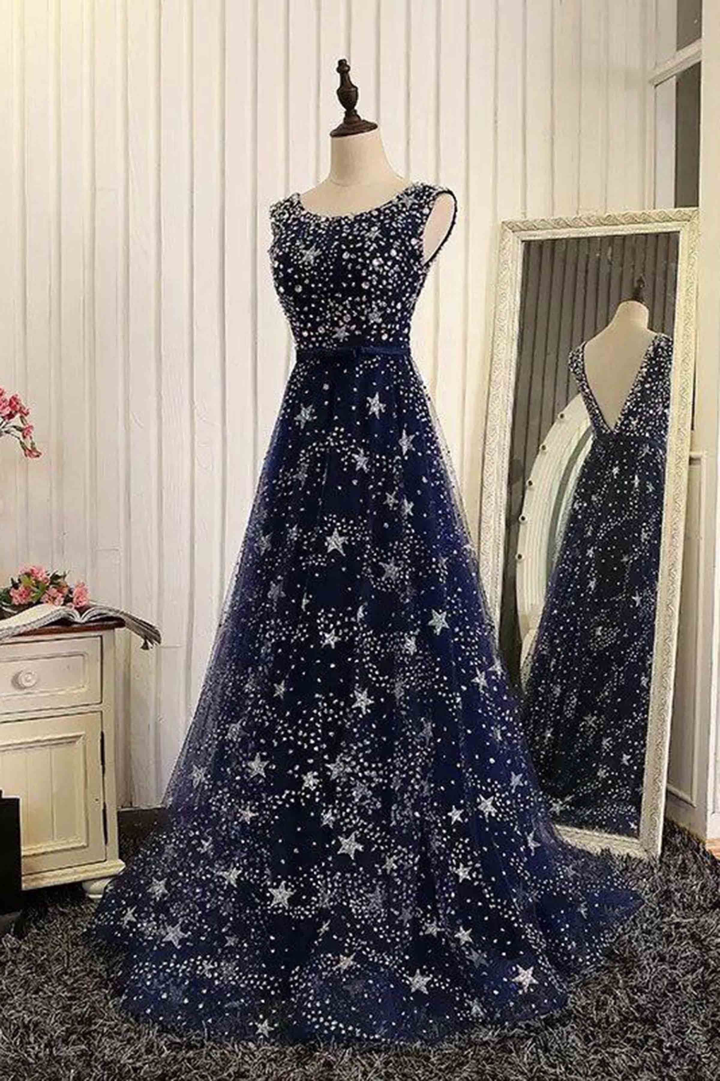 Luxury blue tulle star sequins beaded floor-length long evening dresses -   16 dress Nigth formal ideas