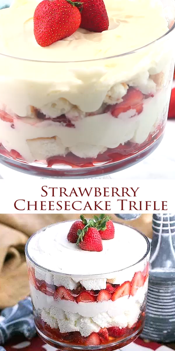 Strawberry Cheesecake Trifle -  With angel food cake,  luscious berries and cream cheese filling! -   17 cake Strawberry drinks ideas