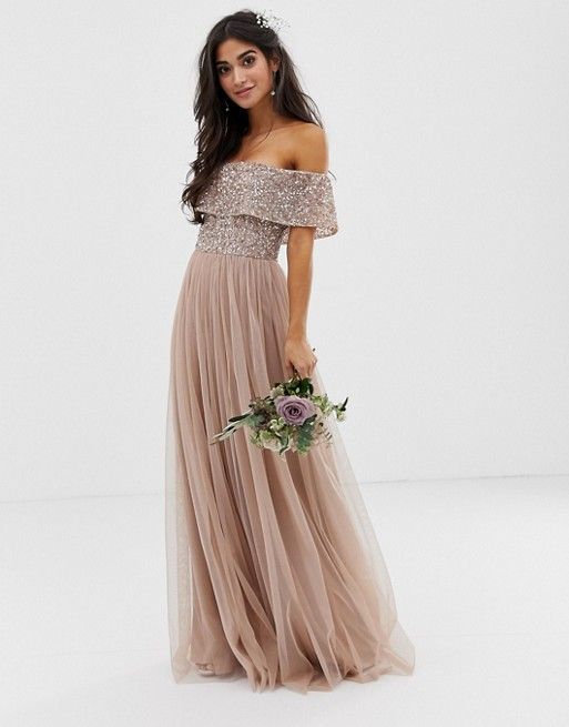 Maya Petite Bridesmaid bardot maxi tulle dress with tonal delicate sequins in taupe blush -   17 dress Bridesmaid tulle ideas