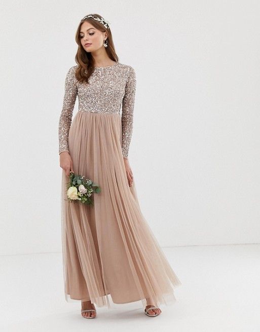 Maya Bridesmaid long sleeve maxi tulle dress with tonal delicate sequins in taupe blush -   17 dress Bridesmaid tulle ideas