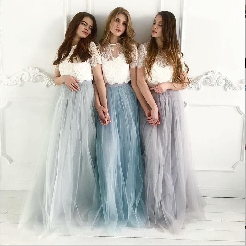 Cheap Two Piece Round Neck Long Light Blue Grey Silver Purple Lilac Tulle With Top Lace Bridesmaid Dresses, WG270 -   17 dress Bridesmaid tulle ideas