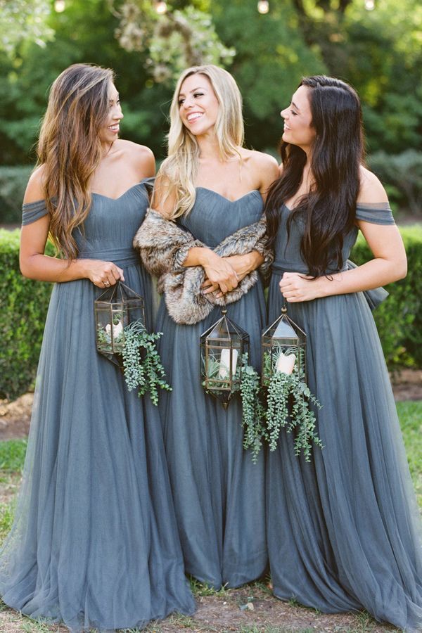 Simple Grey Tulle Bridesmaid Dress, Off Shoulder Long Bridesmaid Dress -   17 dress Bridesmaid tulle ideas
