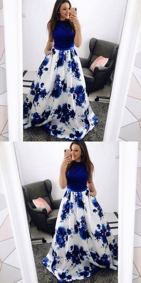 A-Line Jewel Blue Floral Long Prom Dress with Pockets Lace -   17 dress Floral formal ideas