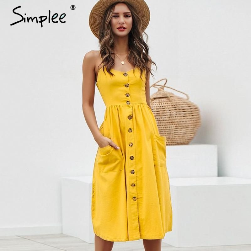 Elegant button women dress Pocket polka dots yellow cotton midi dress -   17 dress Summer elegant ideas