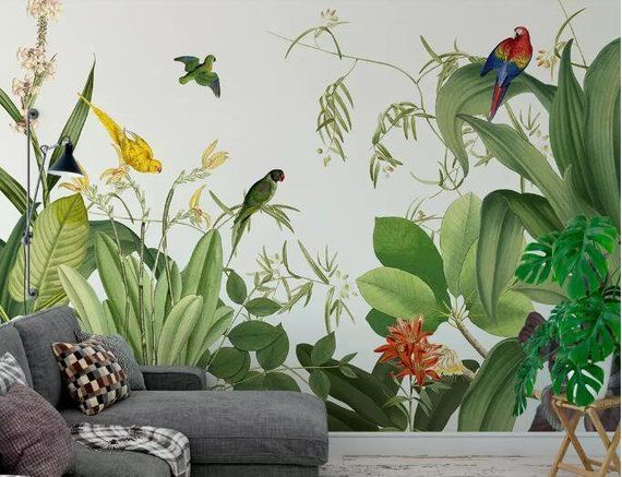 Hand Painted Tropical Plants Wallpaper Wall Mural, Green Tropical Palm Trees Vivid Birds Wall Mural, Rainforest Tropical Plants Wall Mural -   17 tropical planting Art ideas