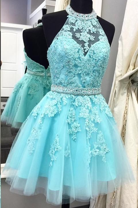 Cute Light Blue High Neck Tulle Homecoming Dress,Backless Beaded Party Dress -   18 dress Blue green ideas