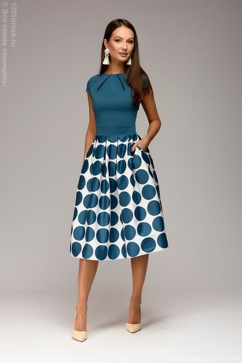 Dress DM00930TR of midi length with short sleeves and a print on the skirt; color: dark turquoise -   12 dress Coctel skirts ideas
