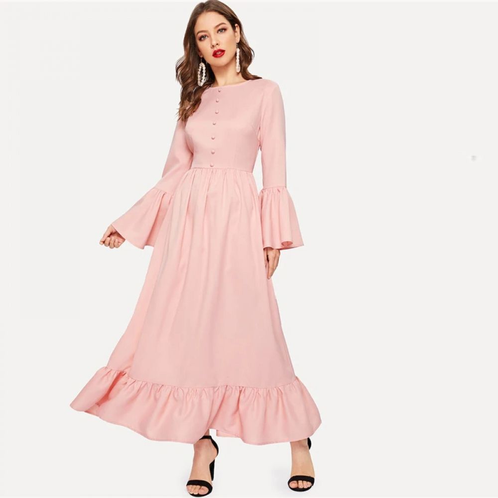 Modest Pink Half Placket Flounce Sleeve Ruffle Hem Zipper Button Dress -   12 dress Modest purses ideas