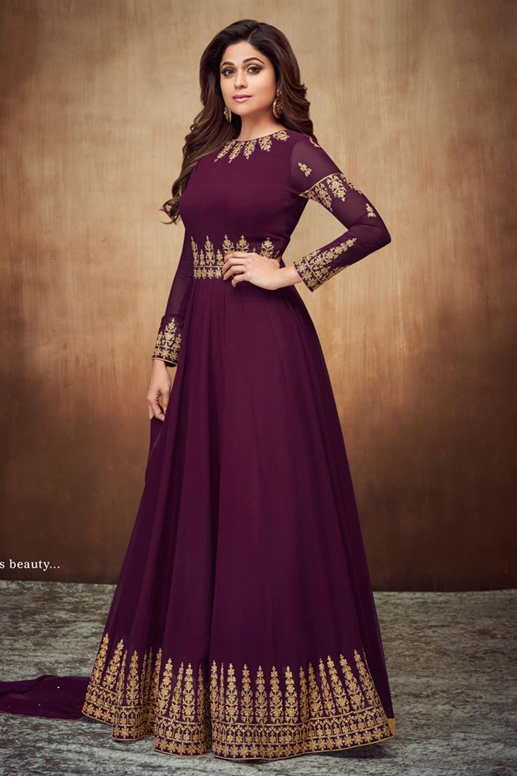 Order Shamita Shetty Georgette Fabric Party Wear Anarkali Salwar Suit In Purple With Embroidery Work Online from SareesBazaar at best prices in India -   14 dress Designs anarkali ideas
