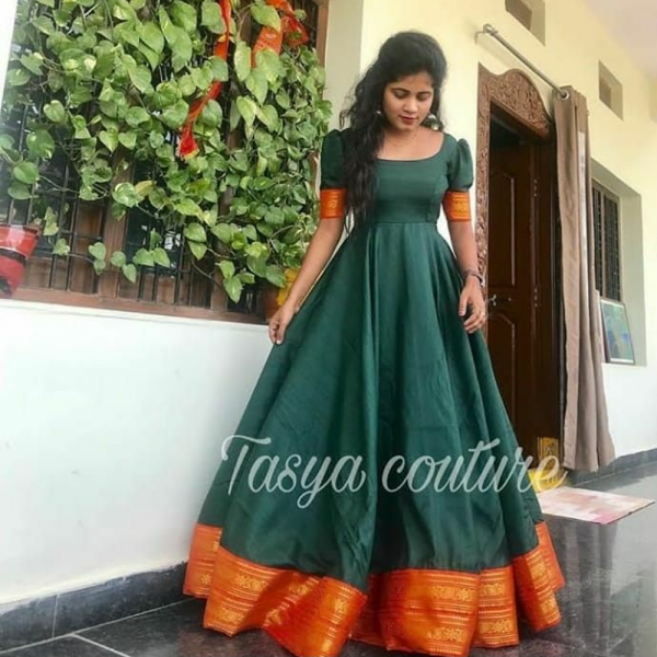 South Indian Gown : GREEN AND ORANGE SOUTH INDIAN FASHION GOWN - Fashion Show -   14 dress Designs anarkali ideas