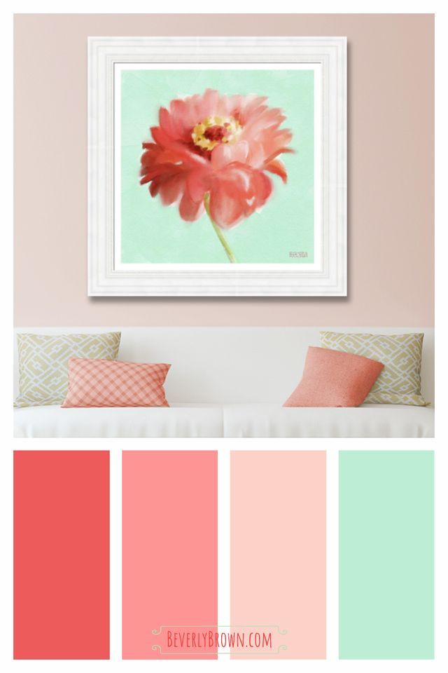 Zinnia Coral and Mint Wall Art Painting- Beverly Brown Artist -   14 room decor Pastel mint ideas