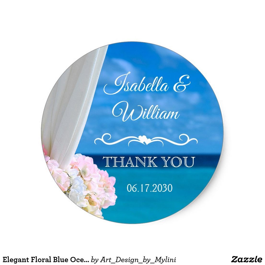 Elegant Floral Blue Ocean Beach Thank You Classic Round Sticker | Zazzle.com -   14 wedding Blue ocean ideas