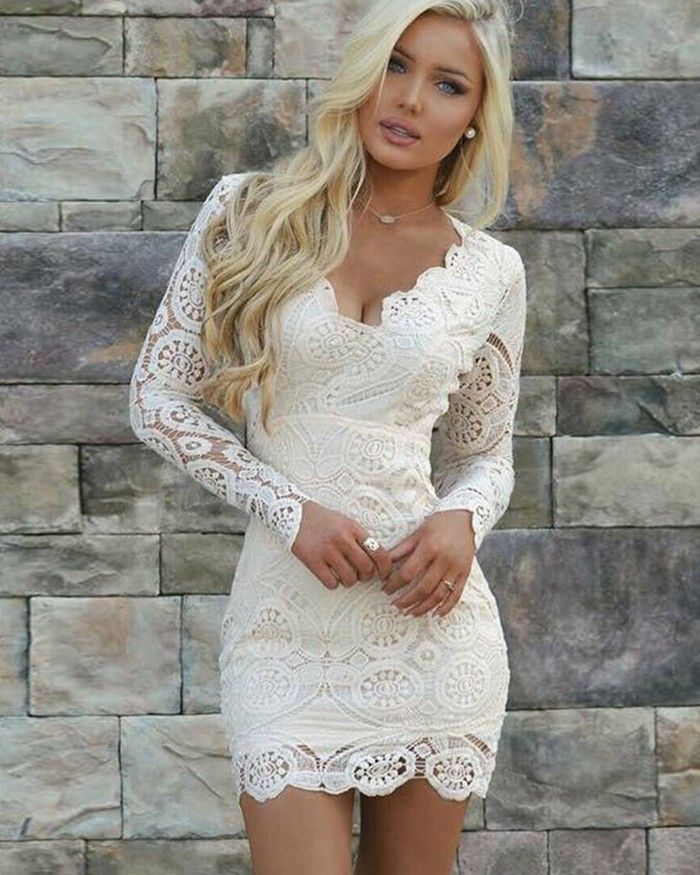 Ivory Lace Queen Anne Tight Party Dress with Long Sleeves HD3171 -   15 dress Tight blondes ideas