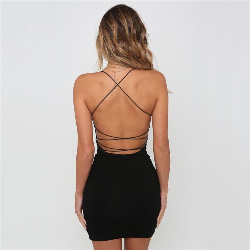 Black Summer Solid Color Backless Spaghetti Straps Nightclub Dress Bodycon Evening Party Low Neck Mini Dress -   15 dress Tight blondes ideas