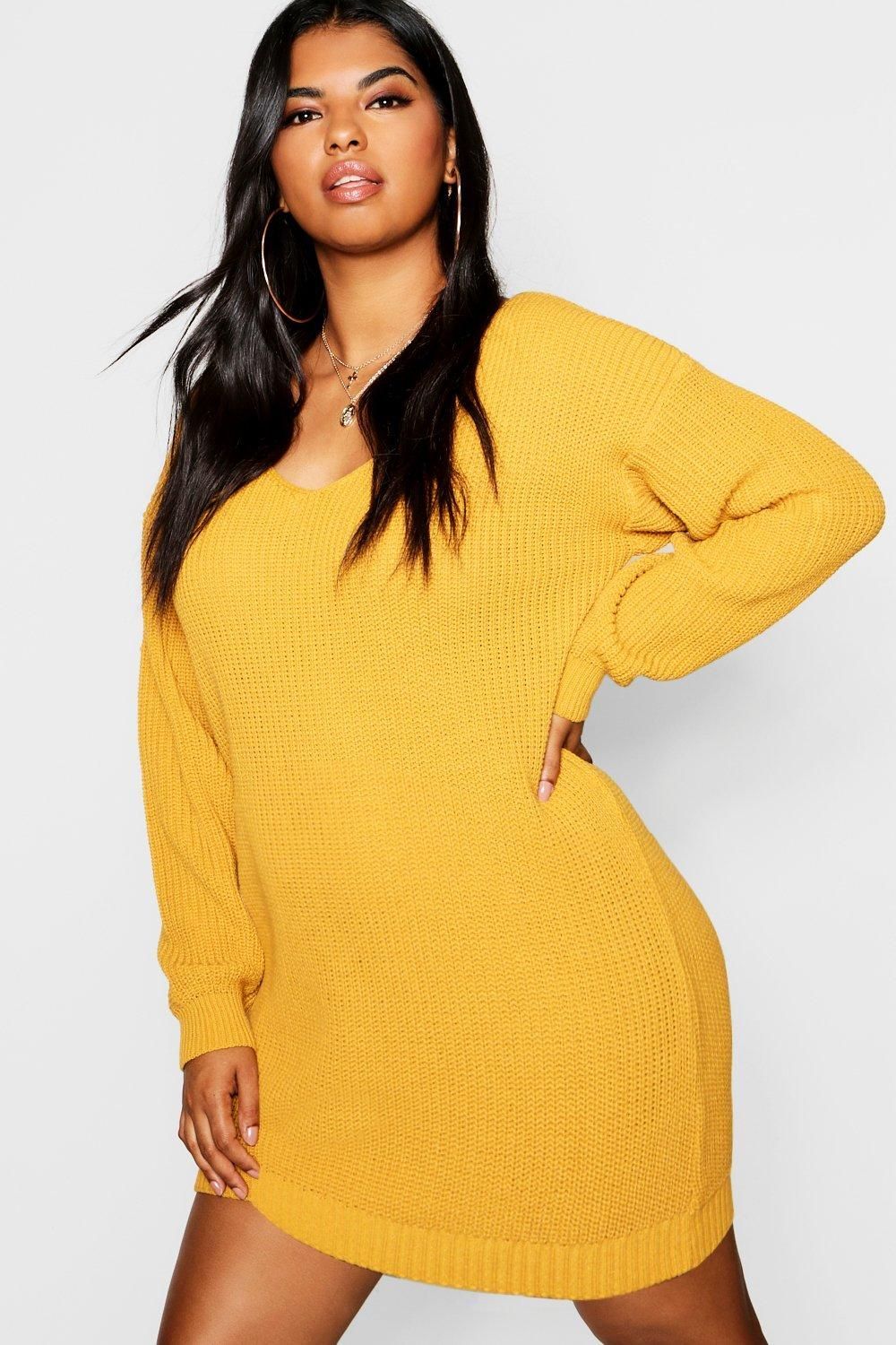 Plus Bella V Neck Sweater Mini Dress | Boohoo -   15 dress Yellow plus size ideas